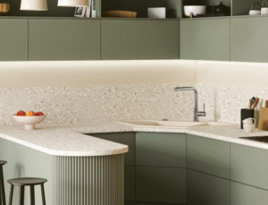 Μοντέρνα κουζίνα με γωνιακό νεροχύτη Villeroy & Boch Subway Style και μπαταρία σε φινίρισμα ανοξείδωτου ατσαλιού.