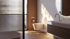 Minimal μπάνιο με τοίχο σε γήινες αποχρώσεις και τοποθετημένο shower toilet i.life E της Ideal Standard.